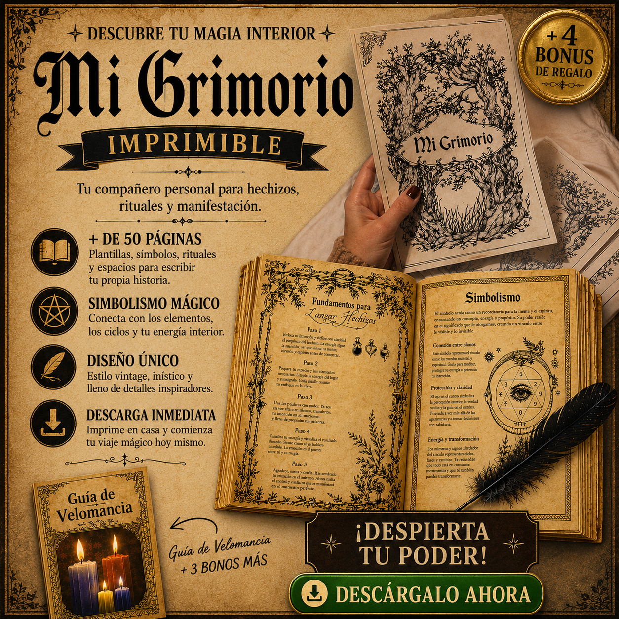 Grimorio de brujas imprimible. Hechizos + 4 Bonus
